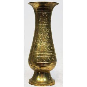 Vtg Solid Brass Metal Mini Bud Flower Vase Indian Etching Design Art Home Decor